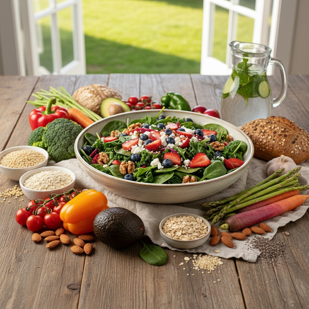 A vibrant salad of mixed greens, strawberries, blueberries, feta, almonds, and walnuts, surrounded by various vegetables a...