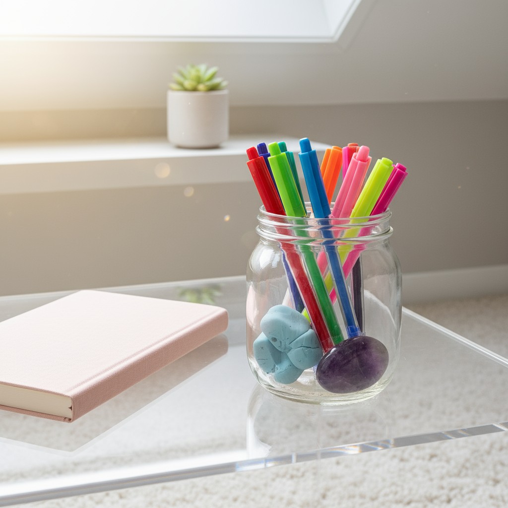 The image shows markers in a jar, a notebook, and a small potted plant on a glass table in front of a window. There are al...