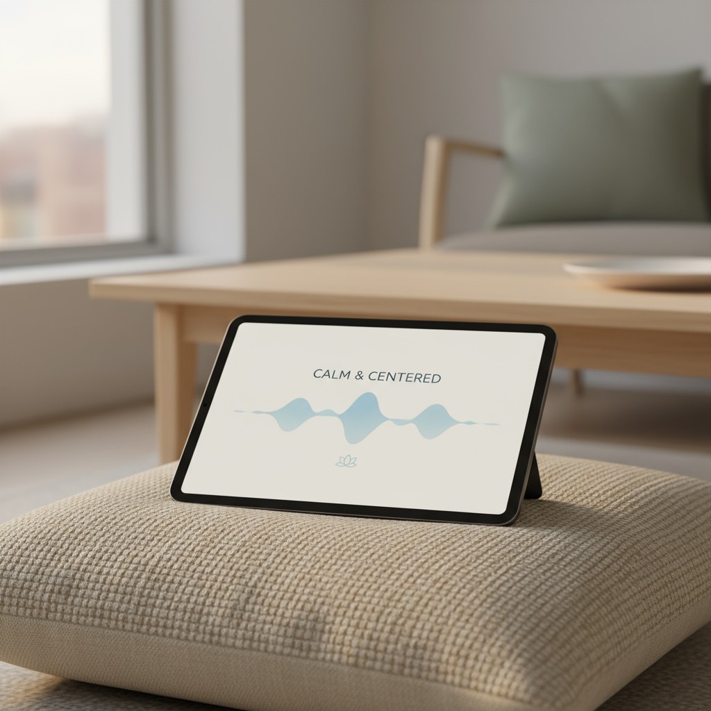 A tablet with a monitor displaying "CALM & CENTERED" text and a waveform lies on a cushion, with a table and chair in the ...