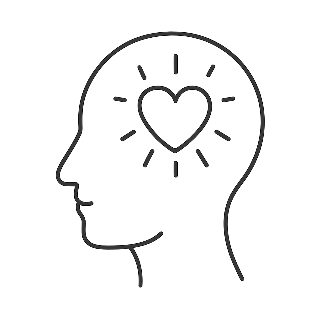 A gray outline of a head with a heart in the middle for mending hearts in the head. The heart is surrounded by what appear...