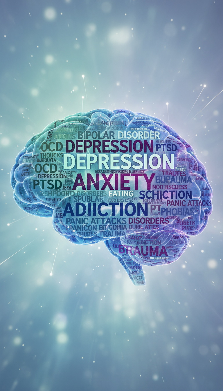 a brain illustration filled with words representing different mental health conditions