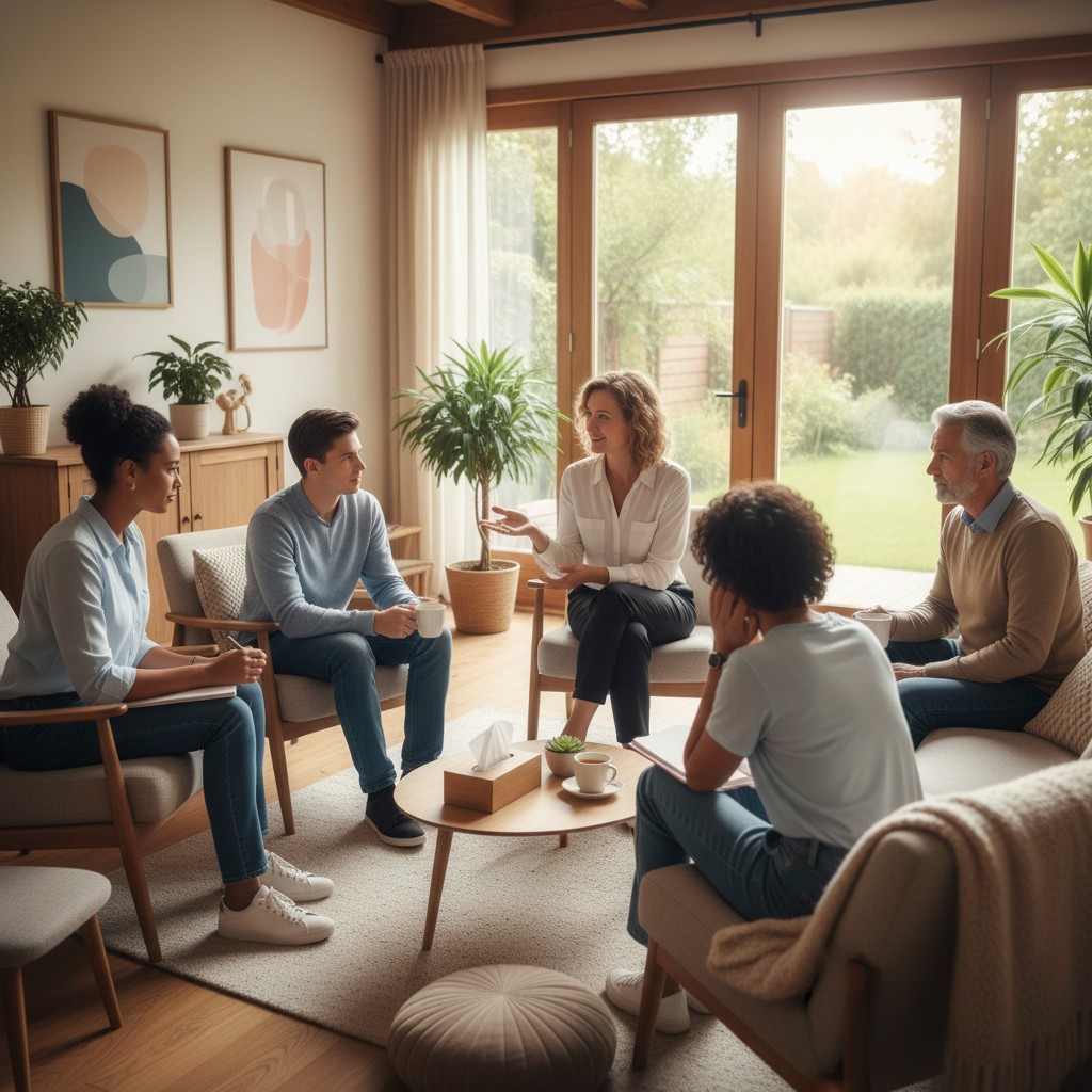 A group of people seated in a living room, engaged in a discussion.